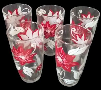 Beautiful Red and White Floral Design Antique Glass Tumblers Set of 5 Vintage