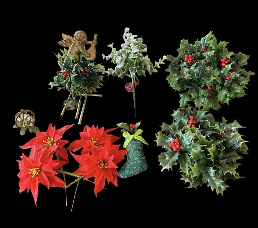 Vintage 1960's Christmas Decor Lot Angel Windchime Wreaths Poinsettias Holly 9pc