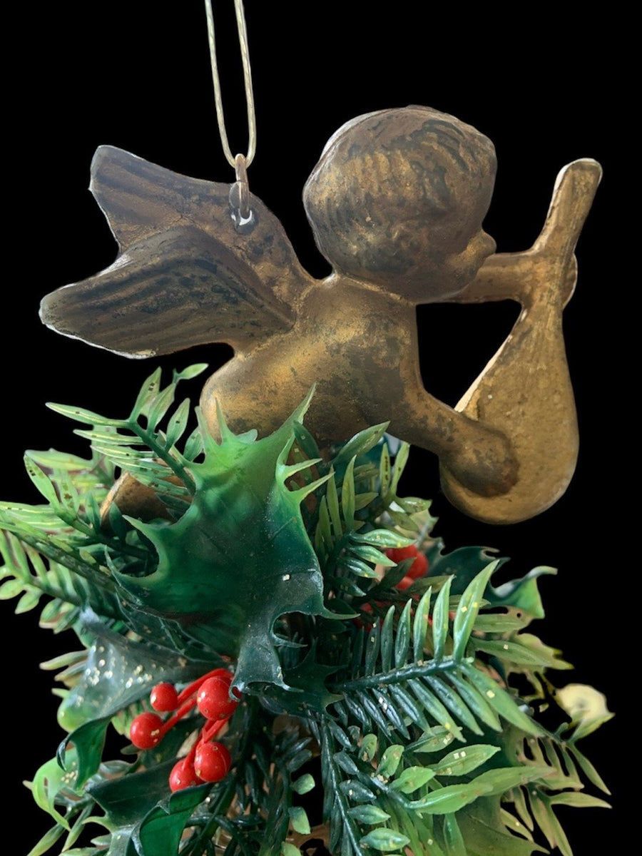 Vintage 1960's Christmas Decor Lot Angel Windchime Wreaths Poinsettias Holly 9pc