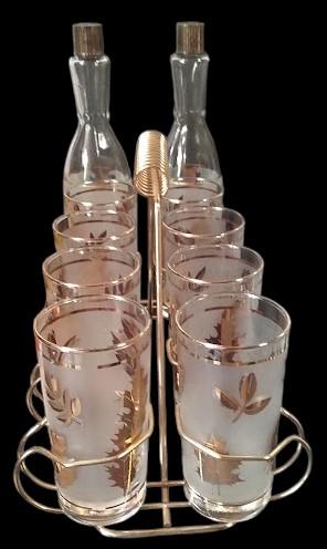 Brandy Bottles Tumblers with Carrying Rack Antique Libbey Vintage Gold Leaf