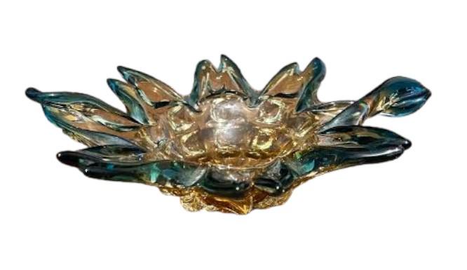 Murano Glass Gold and Blue MCM Handblown 1960-70s Bowl Trinket Dish Centerpiece