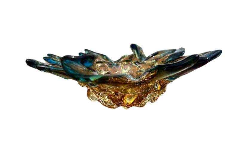 Murano Glass Gold and Blue MCM Handblown 1960-70s Bowl Trinket Dish Centerpiece