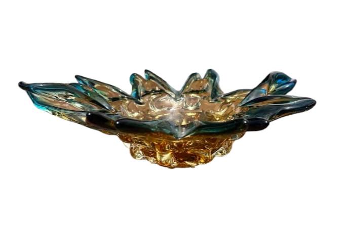 Murano Glass Gold and Blue MCM Handblown 1960-70s Bowl Trinket Dish Centerpiece