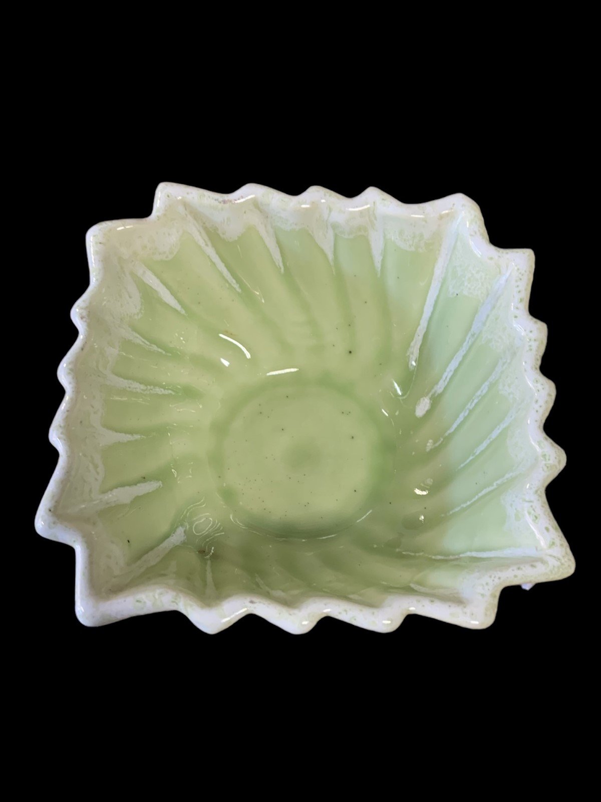 Vintage Pedestal Planter Scalloped Edge Green Marble Mid Century Dish Home Decor