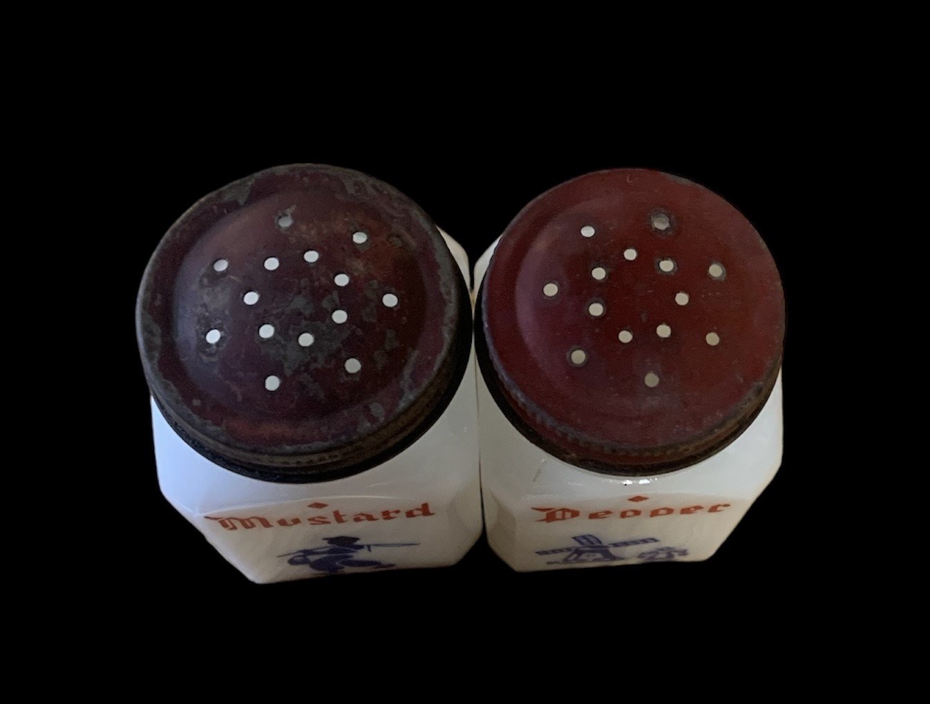 Tappan Mckee Pepper and Mustard Spice Jars Milk Glass Red Lid Vintage Pair