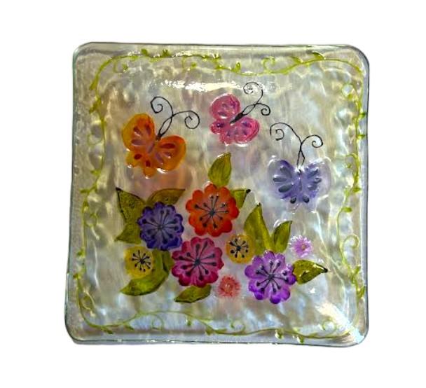 Butterflies and Flowers Vintage Neon Colored Y2K Ganz Square Fused Glass Plate