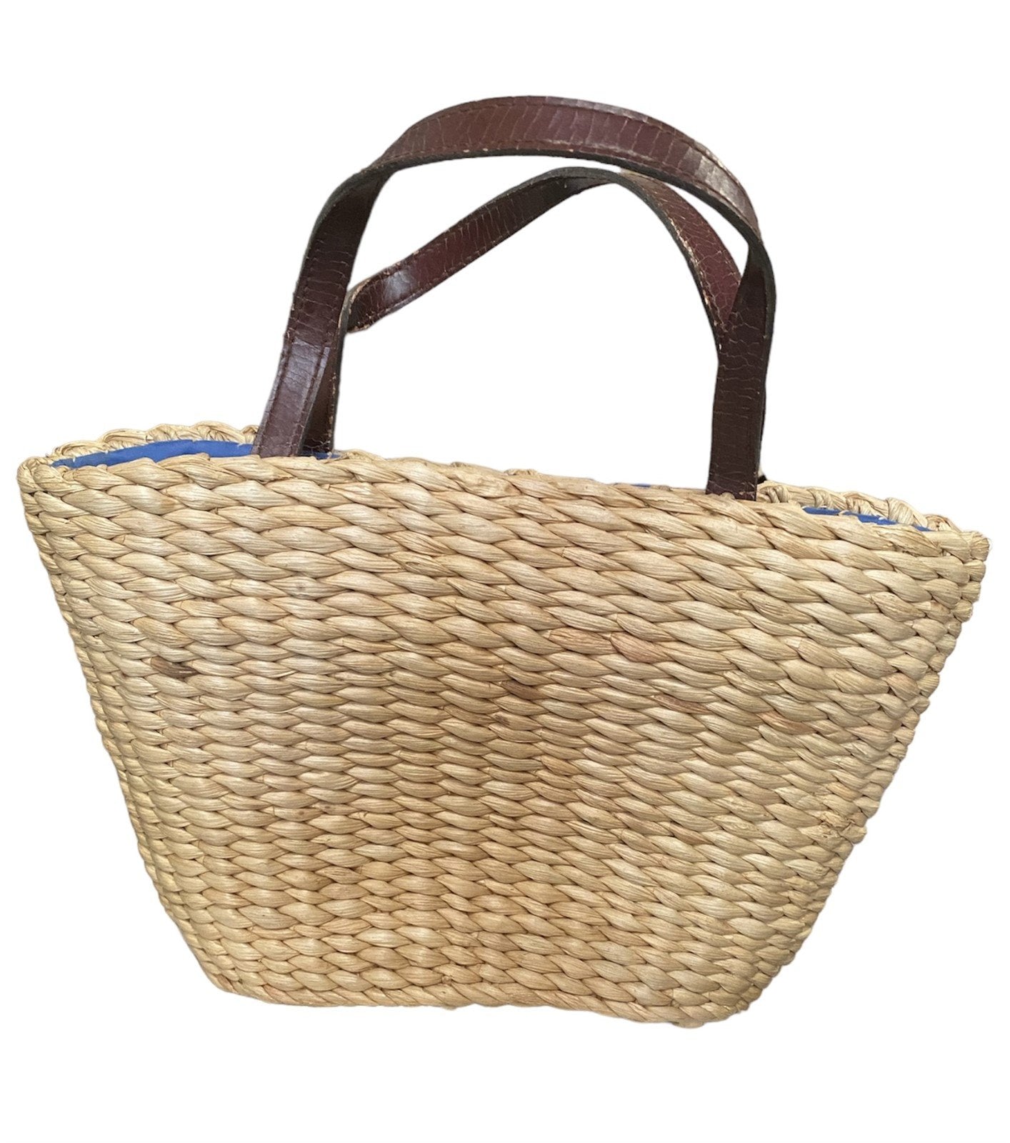 Woven Flower Straw Tote Bag With Blue Cloth Interior