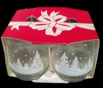 Frosty Pines 4 Christmas Glasses Antique Libby Vintage Old Fashioned Rocks