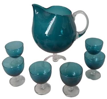 Blue Carafe Goblets Antique West Virginia Hand-Blown Pitcher Vintage Set of 6