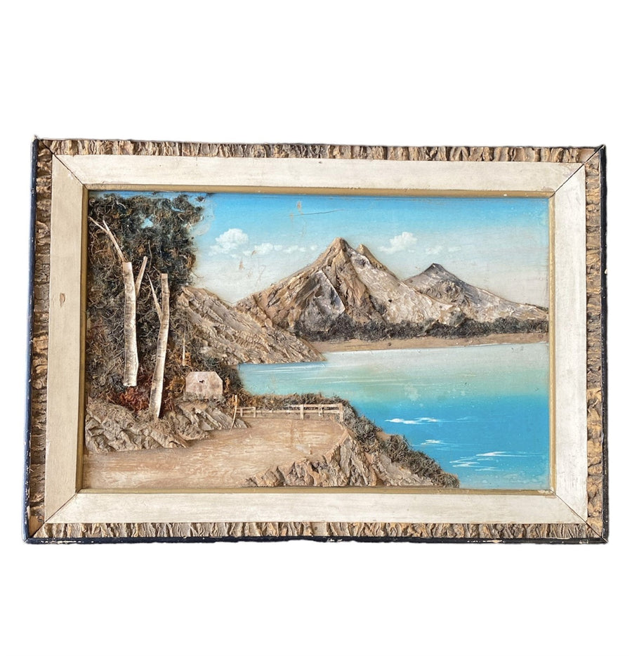 Wood Painting With Wood Decoration Mountain With Trail and Body of Water
