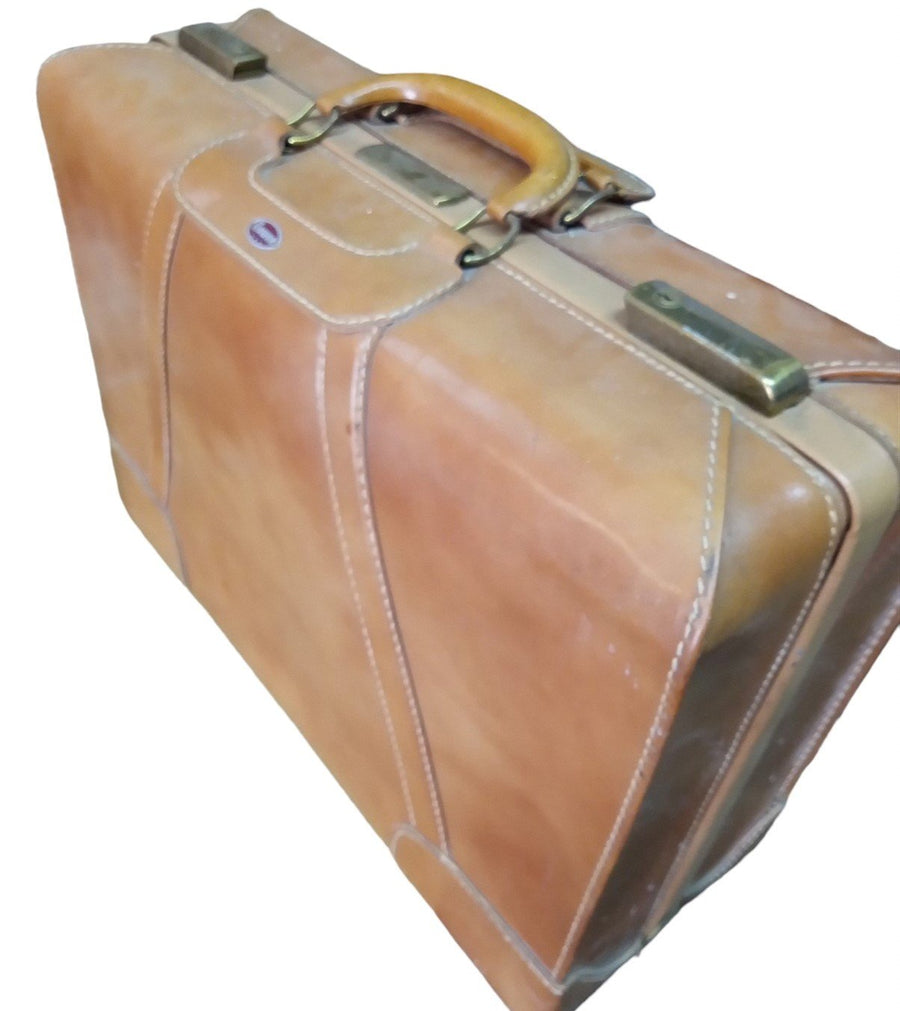 Towne Brown Leather Saddle Double Lock Soft Case Suitcase Vintage Travel