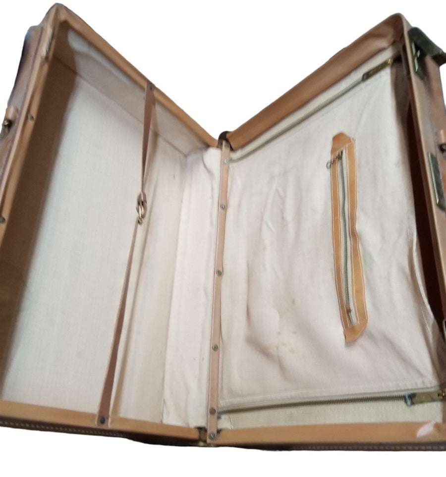 Towne Brown Leather Saddle Double Lock Soft Case Suitcase Vintage Travel