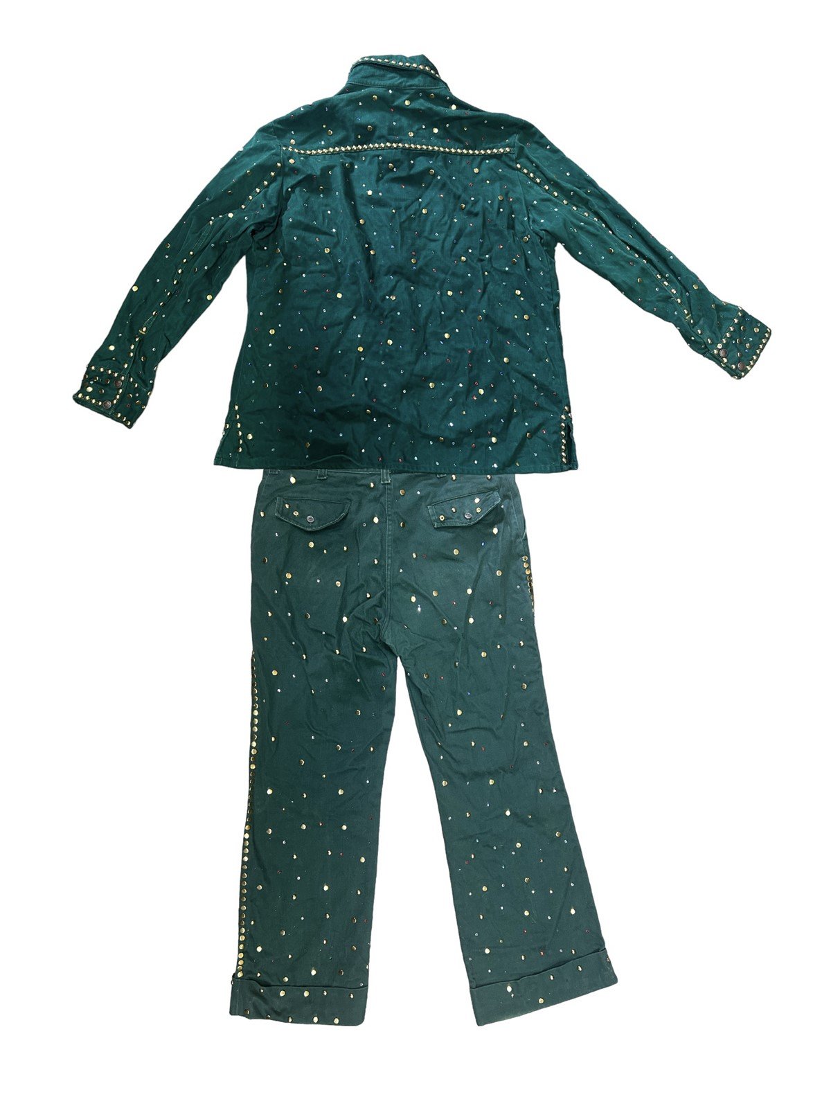 Denim Emerald Green Bejewled Gold Gem Handmade Dancing Matching Jacket & Pants