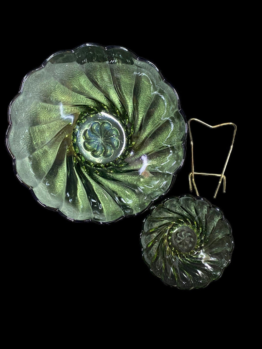 Green Chip Dip Pressed Glass Bowls Antique Hazel Atlas Vintage Metal Bracket
