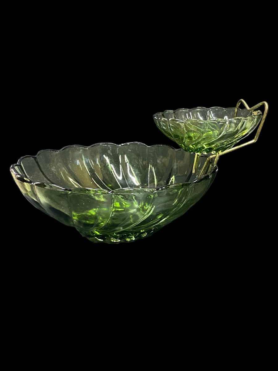 Green Chip Dip Pressed Glass Bowls Antique Hazel Atlas Vintage Metal Bracket