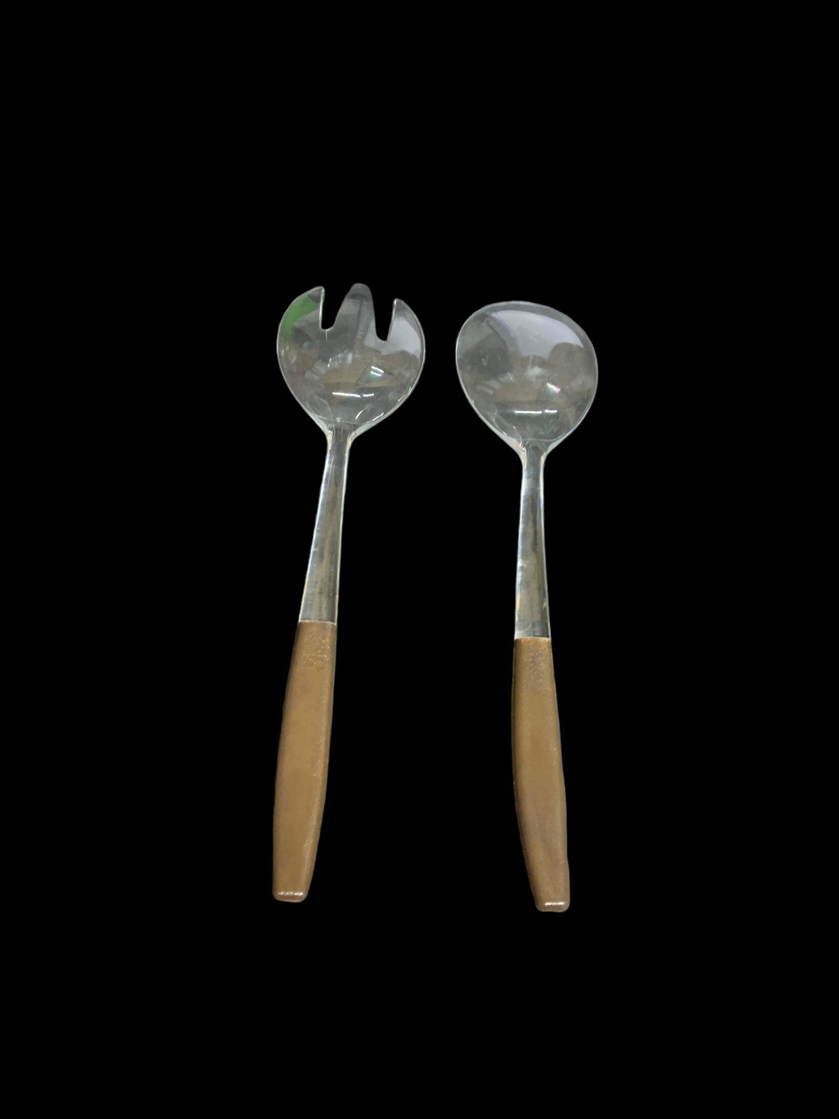 MCM Salad Servers Pair Brown Handle Clear Lucite Spork Spoon Utensils Vintage