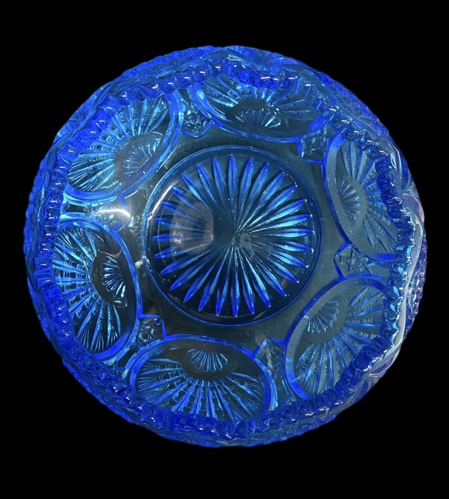 Blue Rose Bowl Vintage Fenton Regency Federal Etched Fan Diamond Starburst