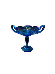 Blue Pedestal Glass Paneled Bowl Antique Westmoreland Vintage with Handles