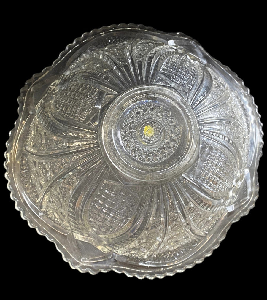 Crystal Glass Antique Indiana Glass Vintage Serving Bowl Scalloped Rim Geometric