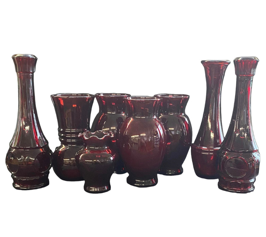 Ruby Red Vases Antique Wheatland Glass Company Vintage Set of 8 Variety of Sizes