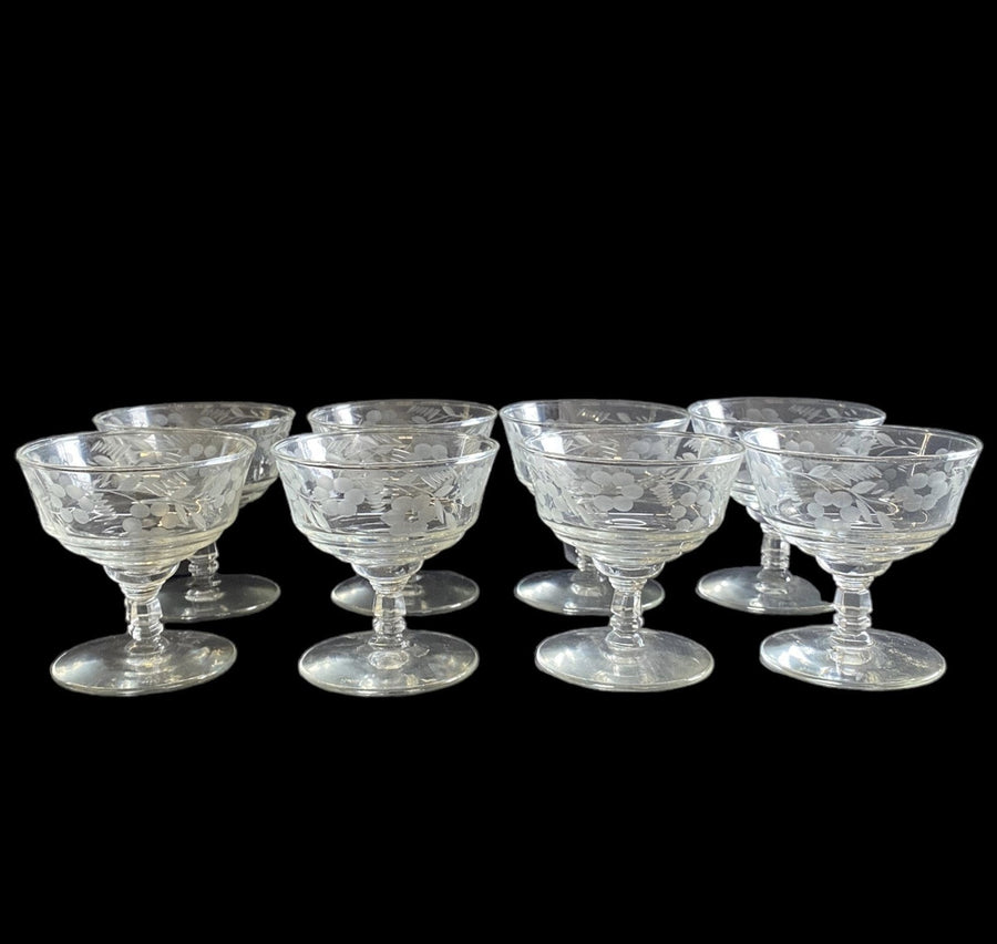 Dessert Goblets Antique Etched Pedestal Vintage Set of 8