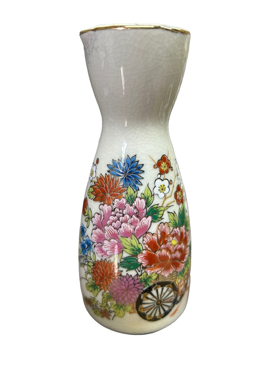 Ornamental Japanese 5" Sake Bottle Vintage Small Carafe Vase Cart with Flowers