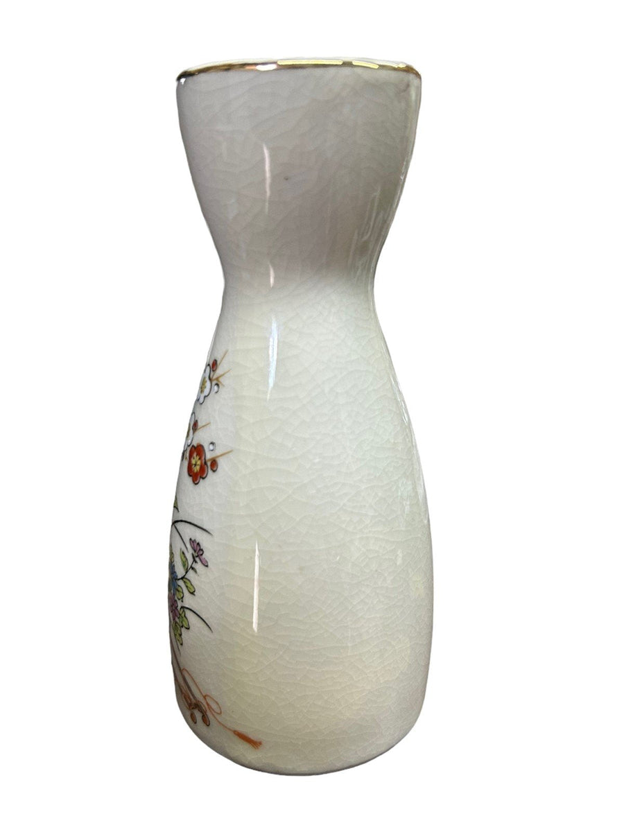 Ornamental Japanese 5" Sake Bottle Vintage Small Carafe Vase Cart with Flowers