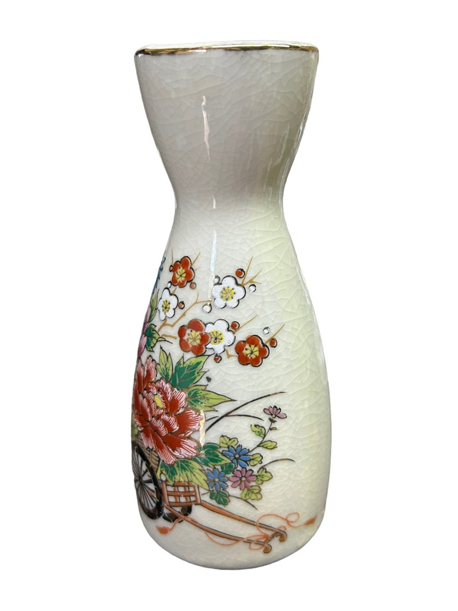 Ornamental Japanese 5" Sake Bottle Vintage Small Carafe Vase Cart with Flowers