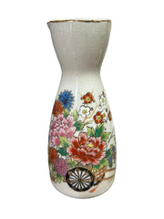 Ornamental Japanese 5" Sake Bottle Vintage Small Carafe Vase Cart with Flowers