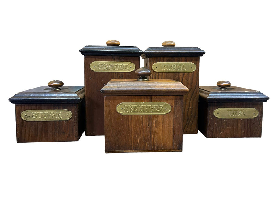 Vintage 5pc MCM Ma Leck Labeled Kitchen Ingredient Wooden Canisters with Lids