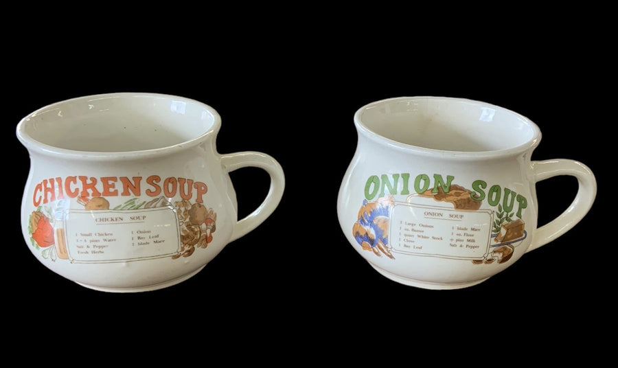 Soup Recipe Mugs Chicken Onion Pair Graphic White Cups Vintage Fine Porcelain