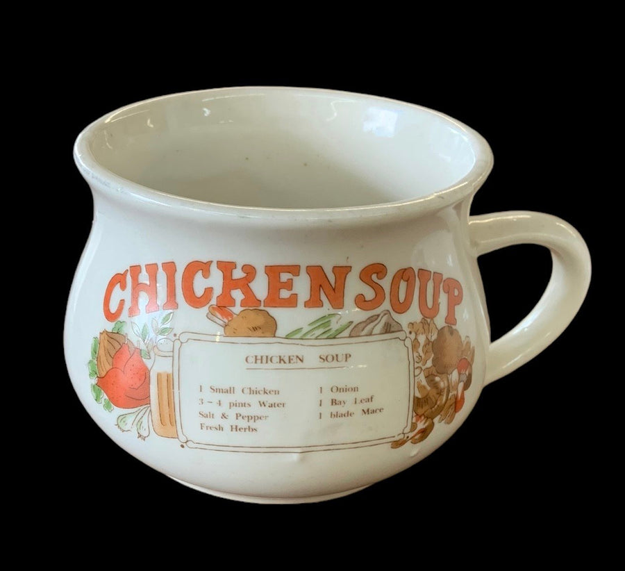 Soup Recipe Mugs Chicken Onion Pair Graphic White Cups Vintage Fine Porcelain