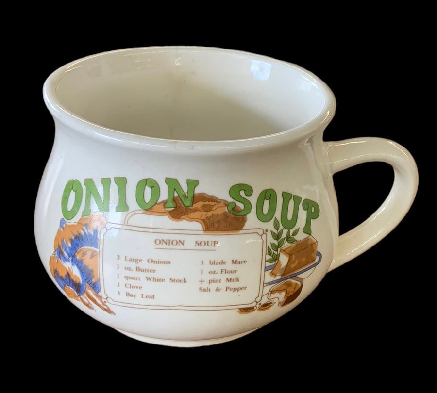 Soup Recipe Mugs Chicken Onion Pair Graphic White Cups Vintage Fine Porcelain