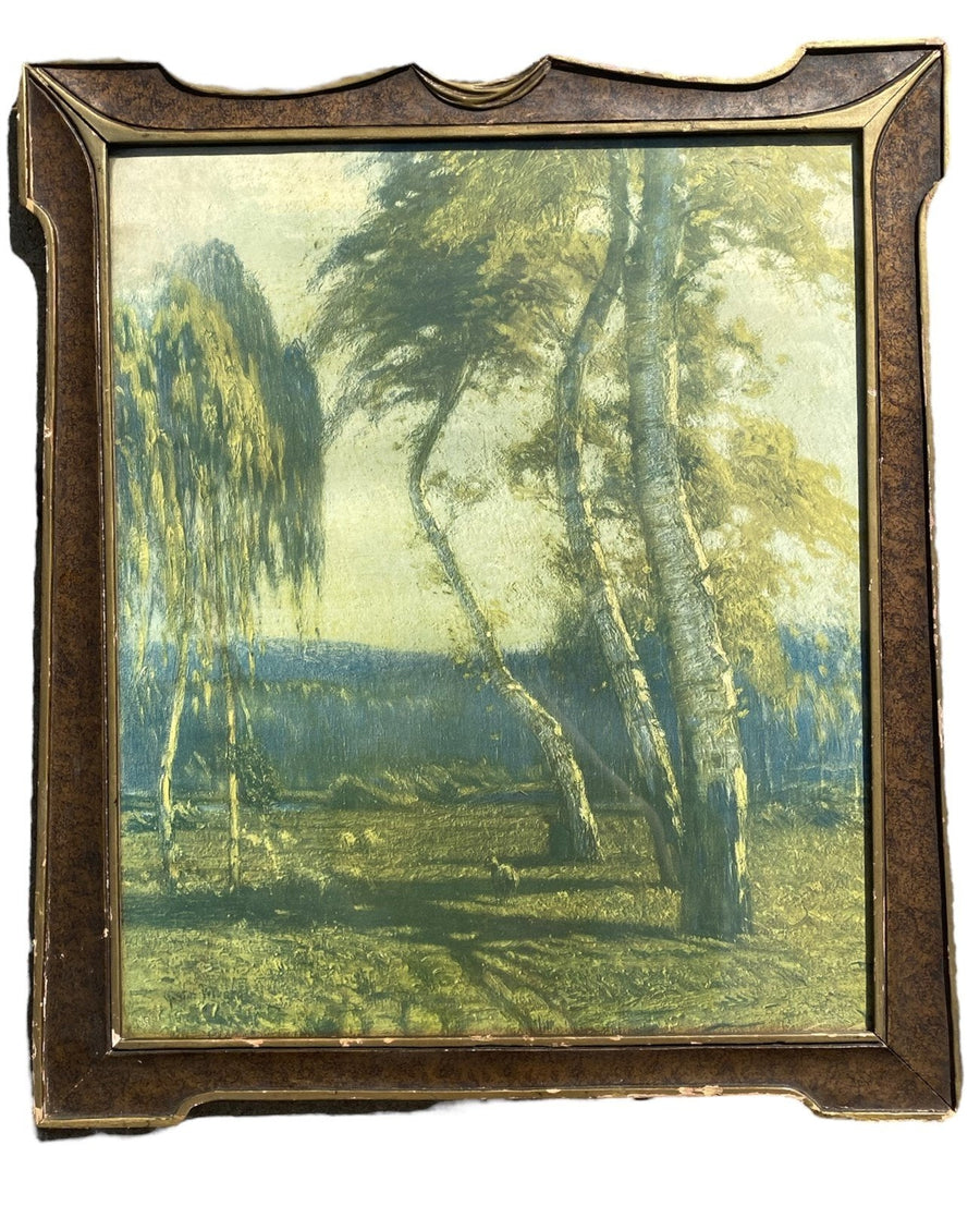 Landscape Painting Print of a Plain Region with Birch Trees and Mountains