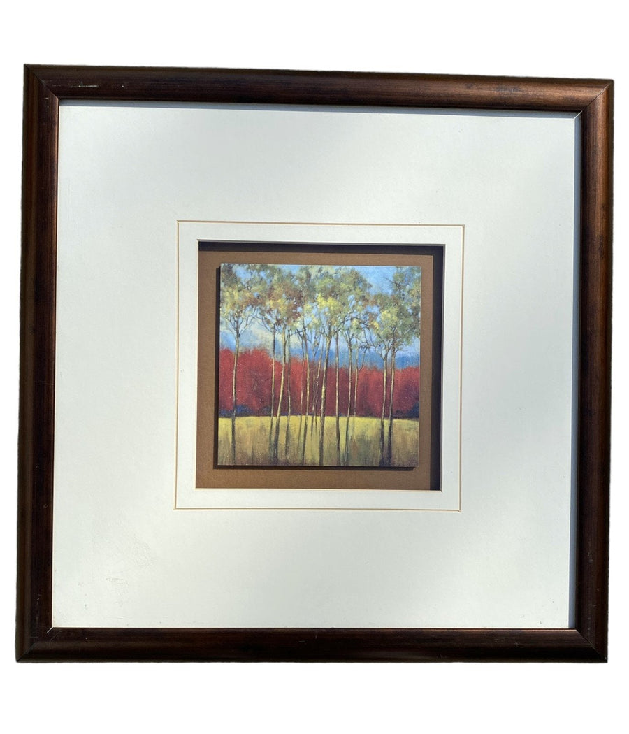 Tall Thin Trees with Red Trees Oil Painting Lithograph Framed