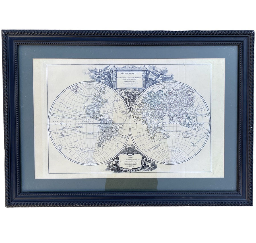 Aged Mappemonde French World Map Black Frame