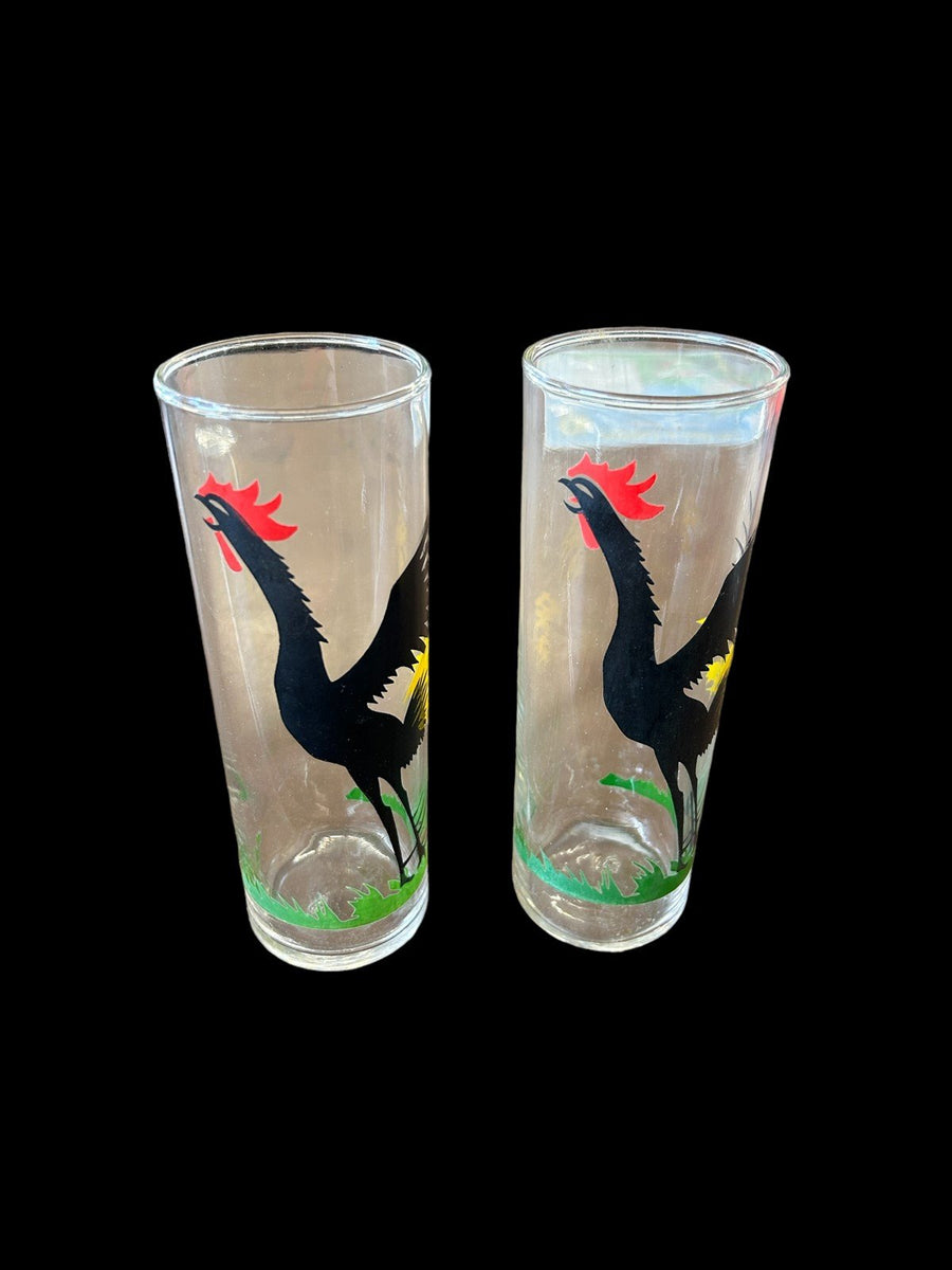 Two Federal Black Crowing Rooster Glasses Tom Collins Cups Cocktail highball
