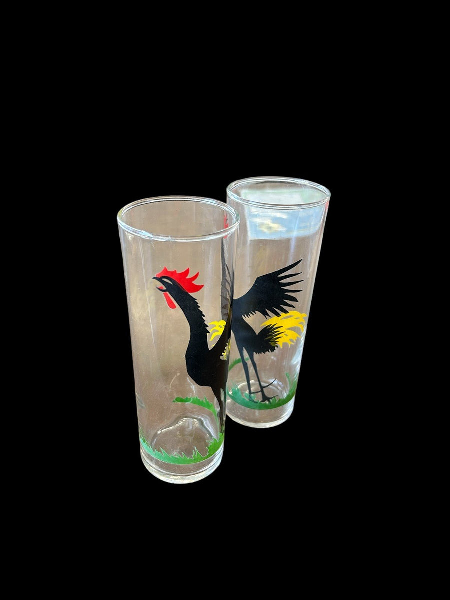 Two Federal Black Crowing Rooster Glasses Tom Collins Cups Cocktail highball