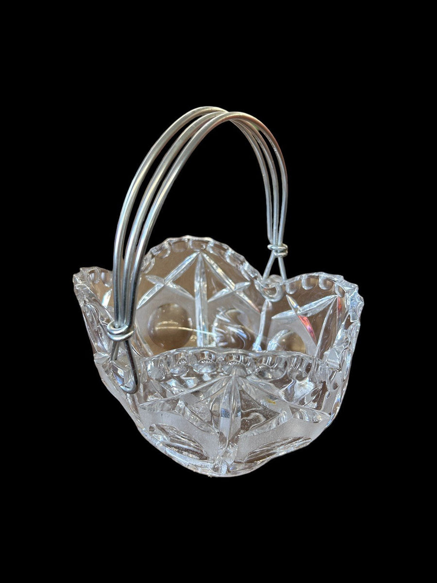 Glass Crystal Bridal Basket with Aluminum Handles Scalloped Edge Candy Dish