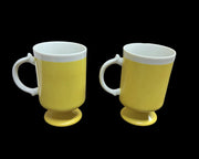 Yellow Mugs Pair MCM Pedestal Glasses White Rim and Handles
