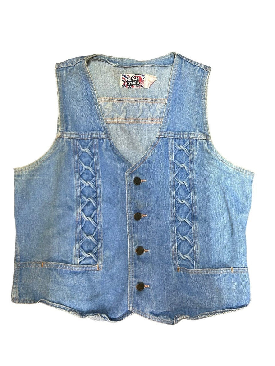 Light Blue Denim Washed French Girl Vintage Y2k Braided Twisted V Neck Vest