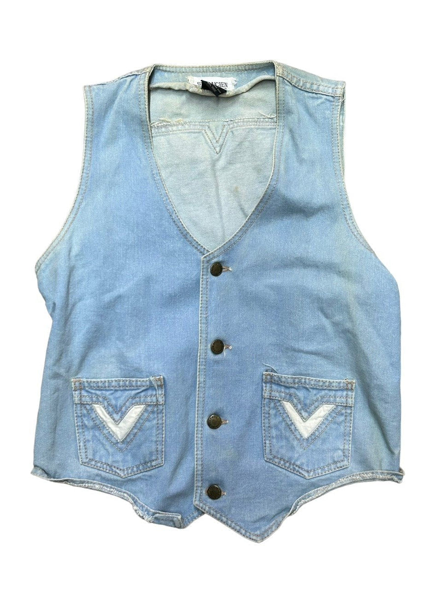 Vintage 1970s STE LVCIEN Rare Light Blue Denim V Neck Vest Jacket