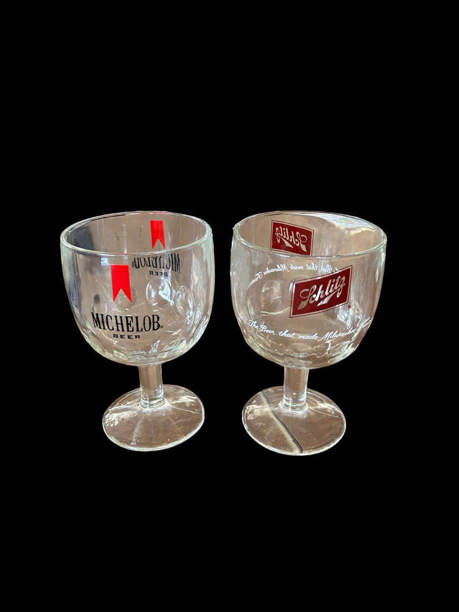 Michelob Schiltz Two Beer Glasses Goblet Bar 12oz Thumbprint Milwaukee Famous