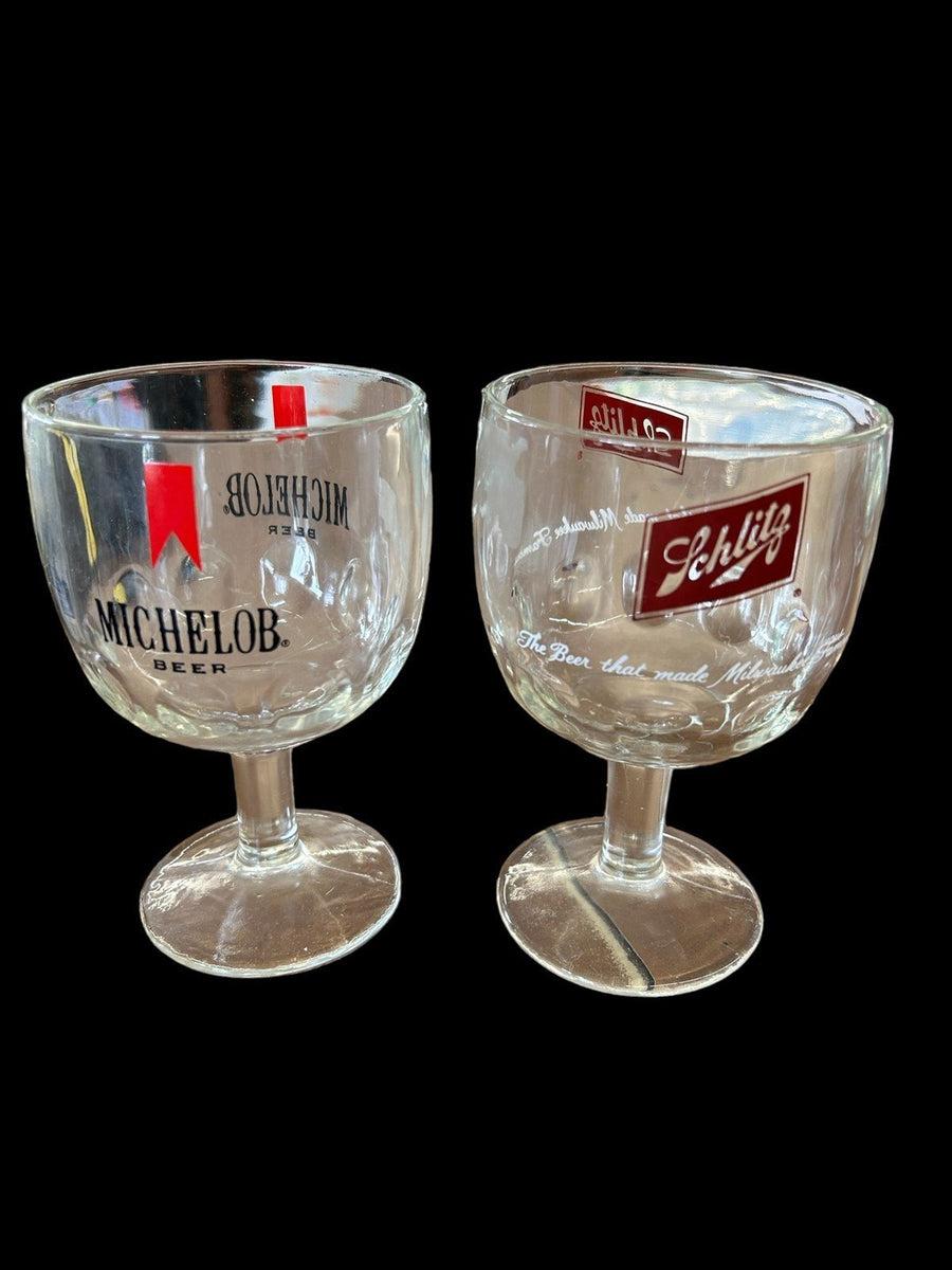Michelob Schiltz Two Beer Glasses Goblet Bar 12oz Thumbprint Milwaukee Famous