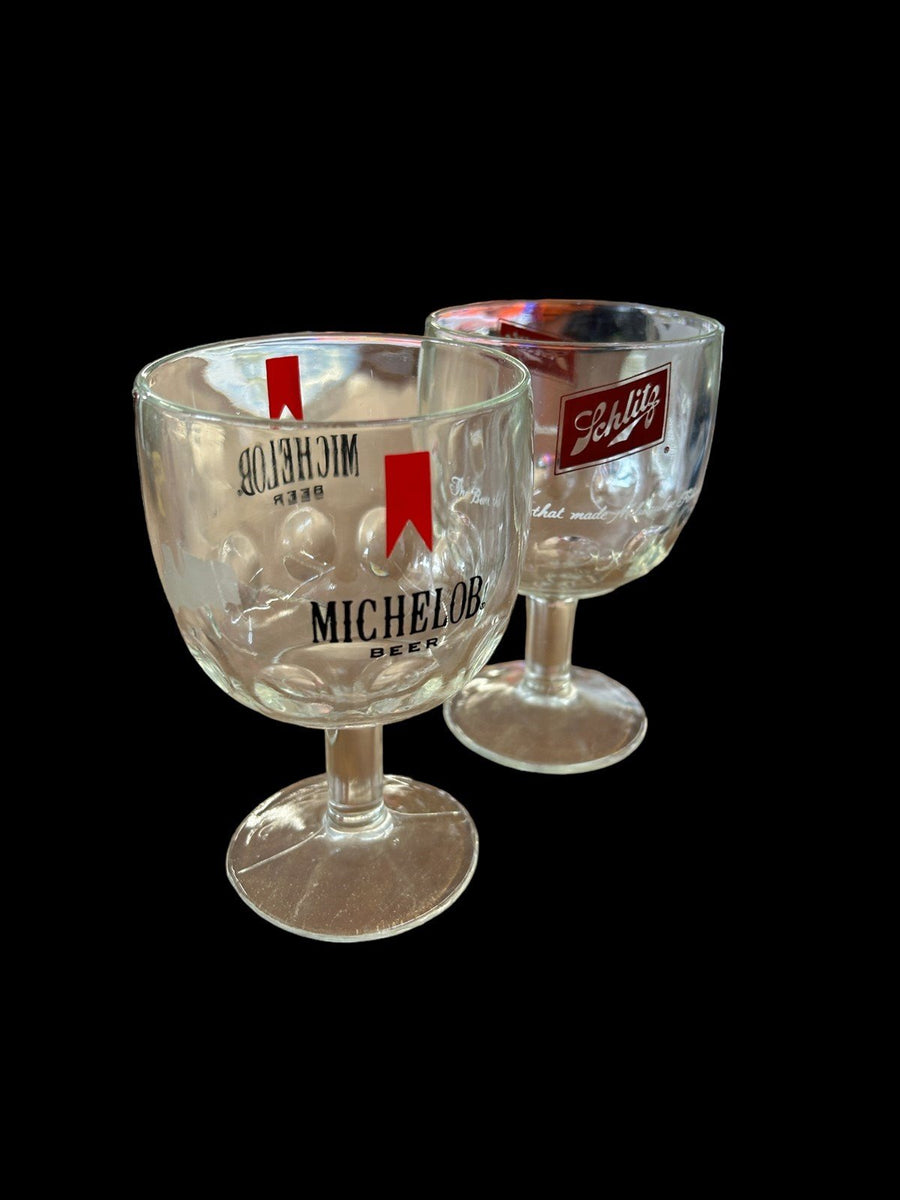 Michelob Schiltz Two Beer Glasses Goblet Bar 12oz Thumbprint Milwaukee Famous