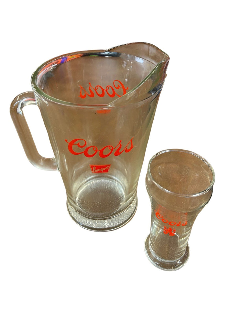 Coors Pitcher Bulgetop Glass Lion Beer 1970's Barware Glassware Banquet Bar Set