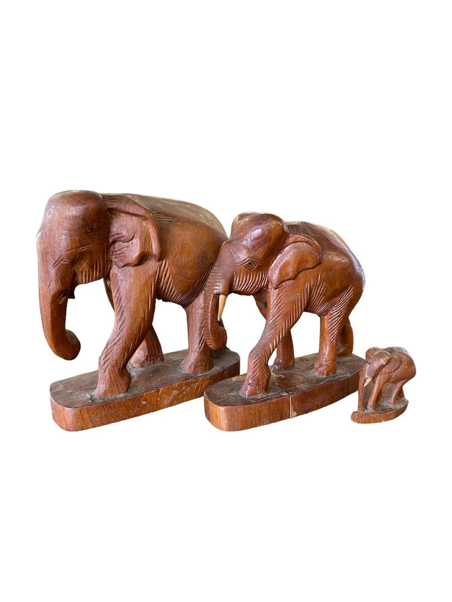 Wood Elephant Family Carved Statues African Baby Mom Dad Figures Decor Home