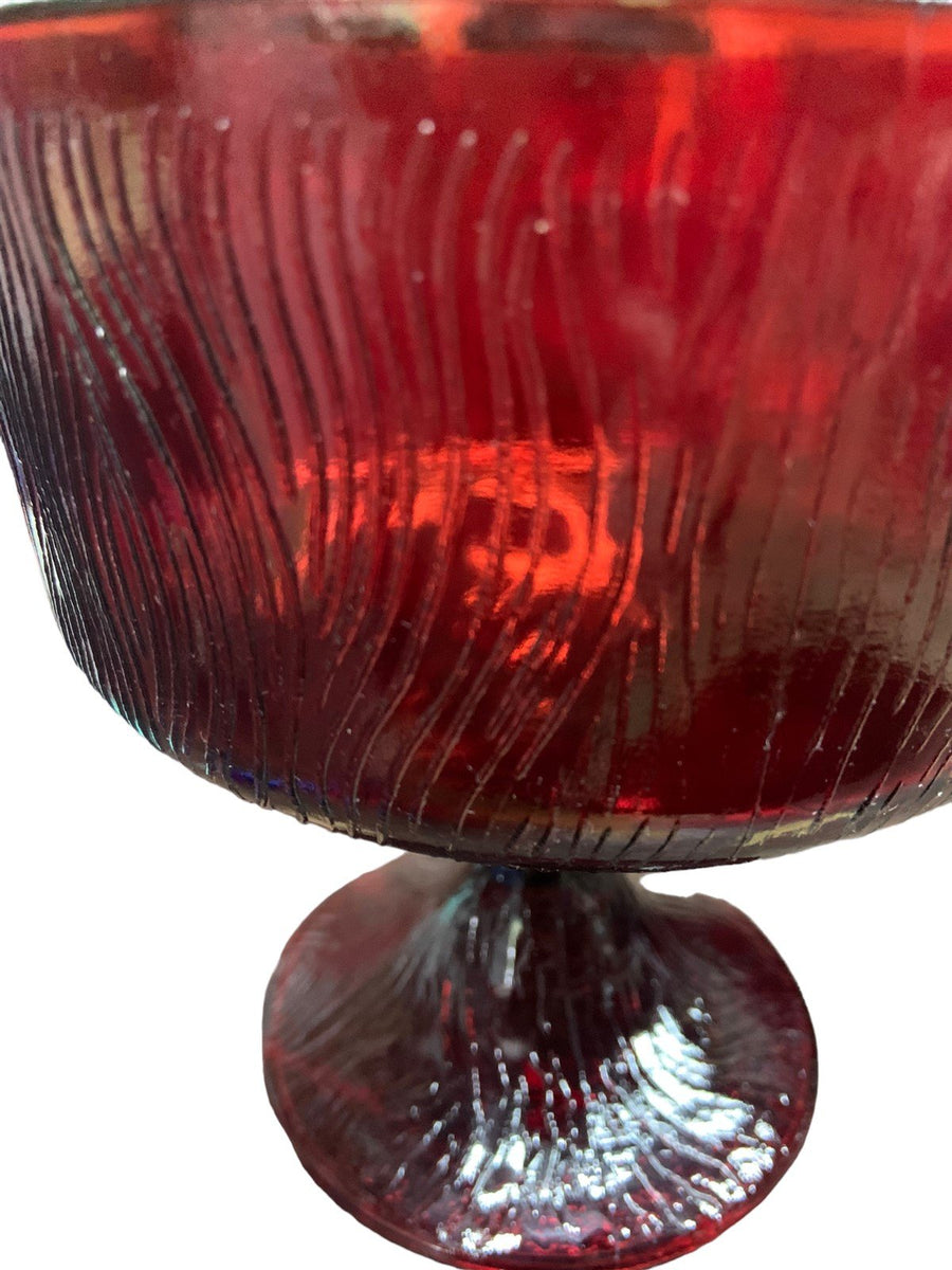 Hoosier Ruby Red Candy Dish Compote Wood Grain Pedestal Glass Vase Home Decor