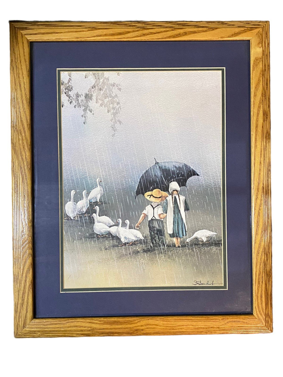 Amish Boy and Girl With Ducks in the Rain Painting Lithograph