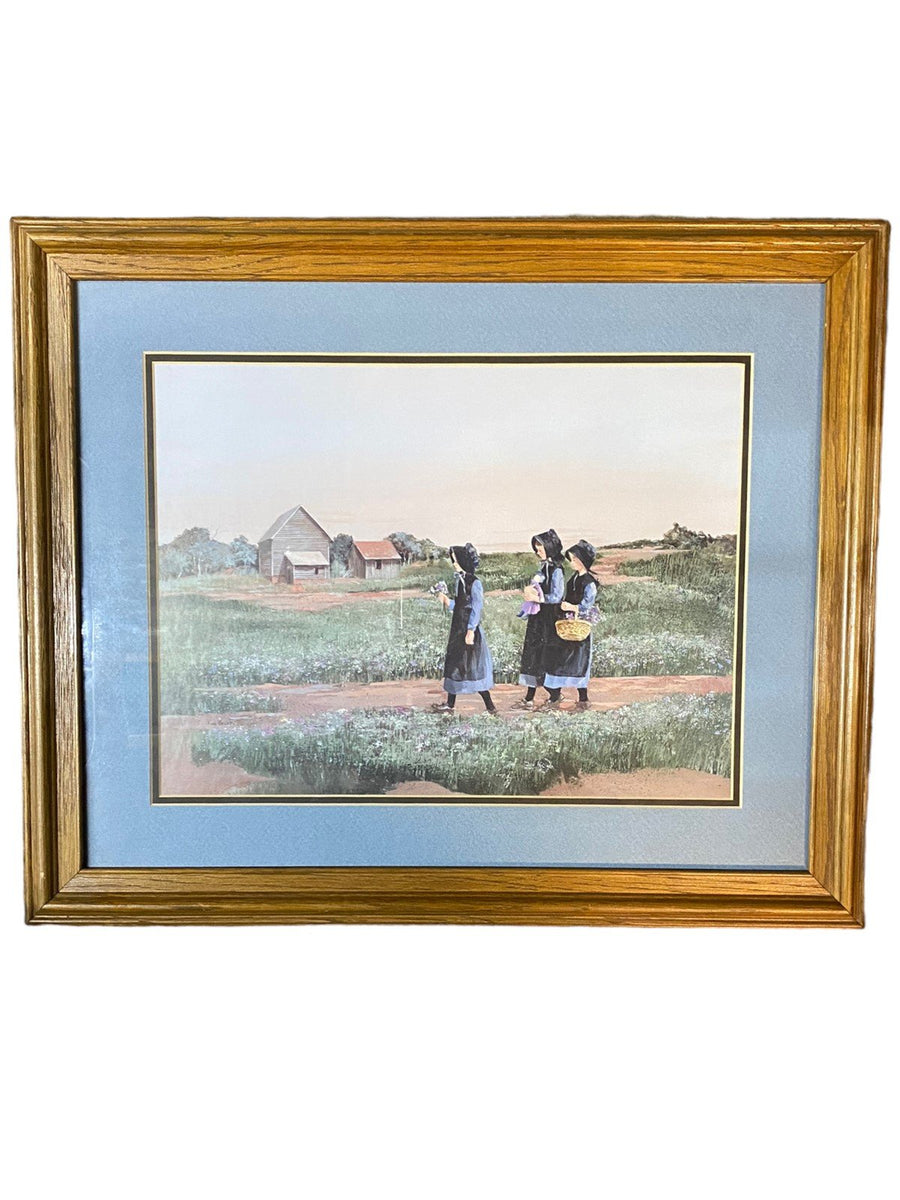 Three Amish Girls walking on Path With Farmhouse in Background Lithograph Framed